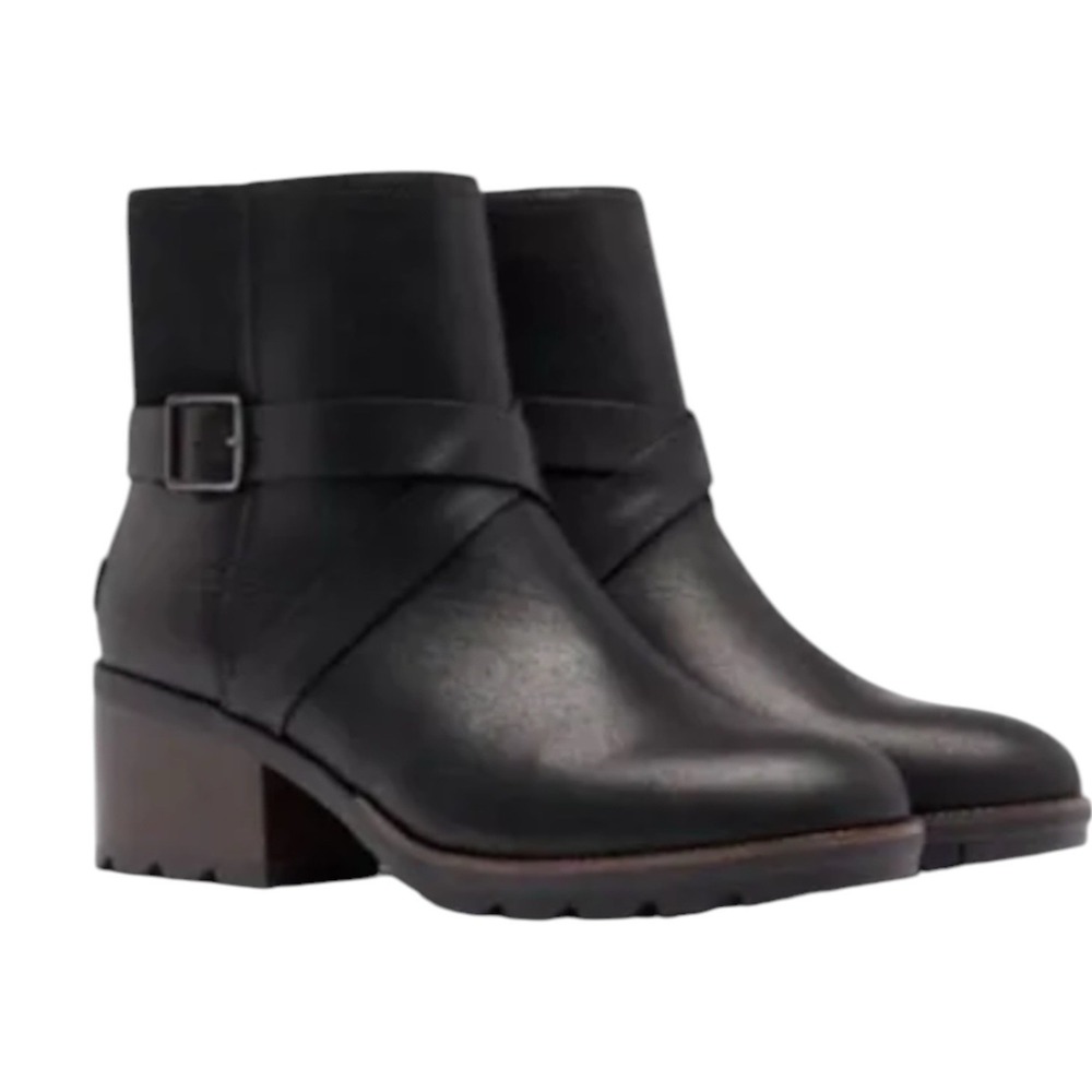 Sorel Cate Boots Black Leather Buckle Zip Lug Booties Women's Size 8.5
